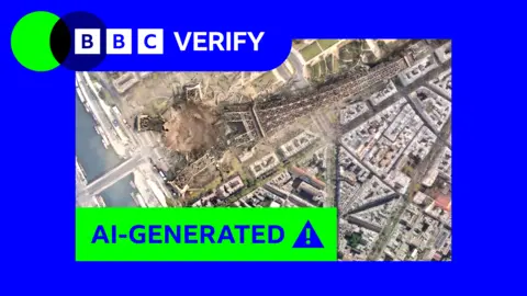BBC A fake AI-generated satellite image showing the Eiffel Tower in Paris has collapsed using Google's new AI satellite imagery tool. This image has a blue BBC Verify border and the BBC Verify logo appears at the top left. A large green banner across the image reads “AI-GENERATED” alongside a warning icon, indicating the picture is artificially created.