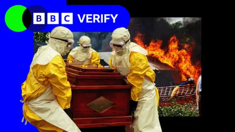 BBC Composite image shows three ebola health workers in hazmat outfits carrying a coffin. In the background a separate scene shows tents at an ebola treatment centre set on fire. 