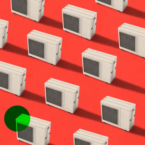 BBC Air conditioning illustrations in black and white in rows on a red background