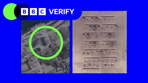 BBC A composite image of two satellite images. The image on the left shows a damage building with a green circle highlighting it. The image on the right shows multiple structures damaged. 