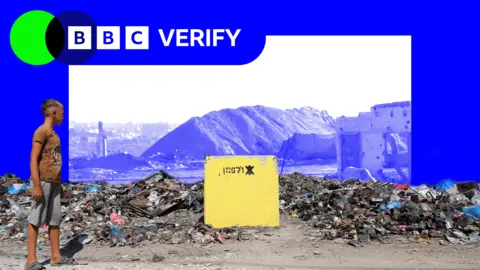 BBC A young boy looks at a yellow block placed among rubble in Gaza. In the background an earth barrier is shown next to a building in blue scale inside a blue BBC Verify frame. 