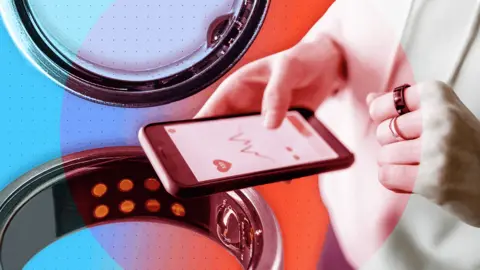 BBC A designed image showing a woman (face not shown) wearing an Oura ring and looking at health stats on her phone; on the left is a larger image of the ring. It's set against a background of blue, purple and red circles.  