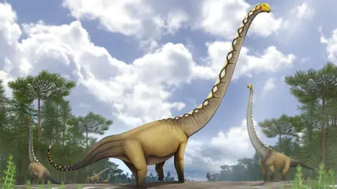 Artwork by Pakorn Chotchaiyaporn An artist impression of a new dinosaur discovered in Thailand.