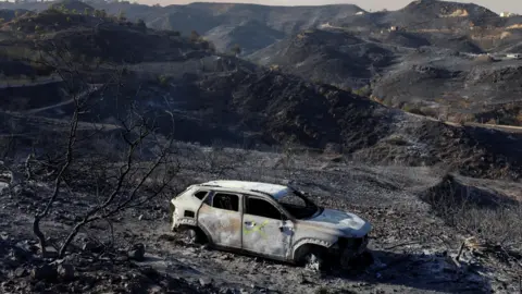 Reuters A care destroyed by fire sits among burnt vegetation during deadly wildfires affecting Almeria province