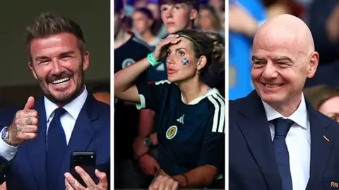PA Media / Getty Images A composite image of Sir David Beckham, a Scotland fan, and Fifa President Gianni Infantino