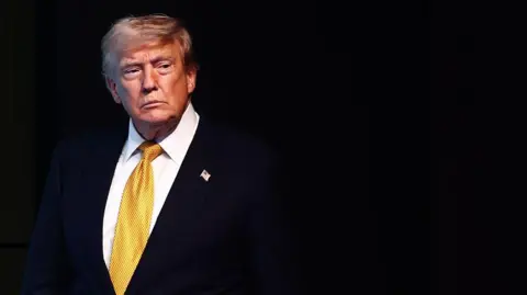 Getty Images Trump seen wearing a suit with a yellow tie. The background is black
