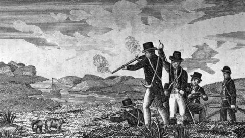 Getty Images 
Captain Clark and his men shooting bears. Original Artwork: From 'Journal of Voyages' by Peter Gass - published 1811 