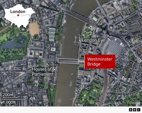 Annotated satellite map of central London showing the location of Westminster Bridge on the River Thames. The bridge is highlighted between the Houses of Parliament on the west bank and the area around Waterloo Station and the London Eye on the east bank. An inset map of Greater London marks the location within the capital.Â
