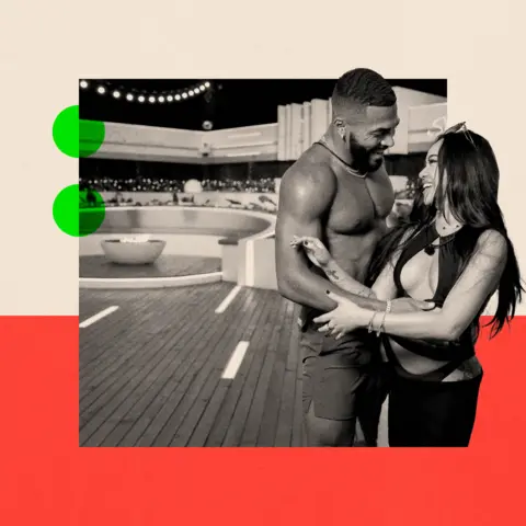 BBC A treated image of the Love Island firepit with a image of couple edited on the side