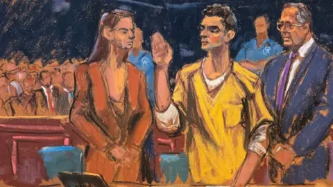 Reuters Court sketch shows Luigi Mangione standing between his lawyers as he is sworn in for the hearing