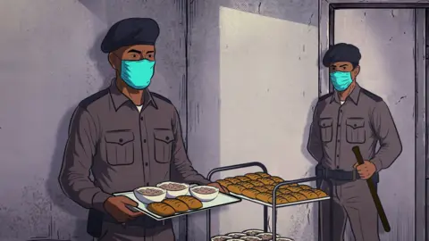 An illustration of prison guards with face masks delivering food. One is holding a tray with three rolls and bowls of soup. The other has a trolley with rolls on it. 