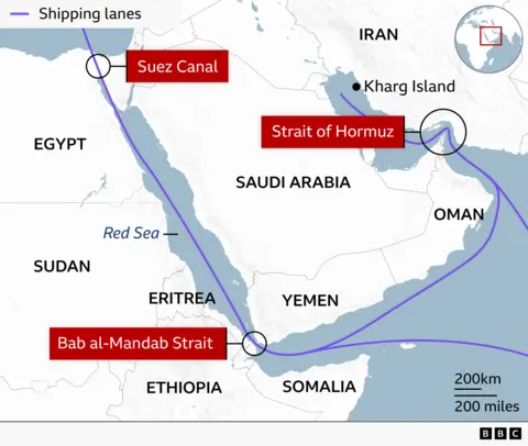 Map of the Middle East and northeast Africa highlighting major global shipping routes through three key maritime chokepoints. Purple lines show shipping lanes connecting the Gulf, Arabian Sea, Red Sea and Mediterranean Sea via the Strait of Hormuz between Iran and Oman, the Bab al-Mandab Strait between Yemen and the Horn of Africa, and the Suez Canal in Egypt. Countries labelled include Iran, Saudi Arabia, Oman, Yemen, Egypt, Sudan, Eritrea, Ethiopia and Somalia, with Kharg Island marked in the Persian Gulf. An inset map shows the region's location within the wider world.