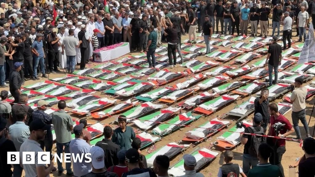 Mass funeral in Gaza for 112 Palestinians killed in 2023 Israeli strikeThe bodies – belonging to members of two extended families – have only recently been recovered from under rubble in Gaza City.34 mins agoMiddle East Mass funeral in Gaza for 112 Palestinians killed in 2023 Israeli strikeThe bodies - belonging to members of two extended families - have only recently been recovered from under rubble in Gaza City.34 mins agoMiddle East