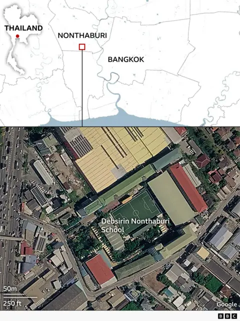 Map showing the school marked on the map in Nonthaburi, west of Bangkok