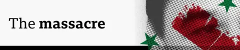 A designed banner saying 'The massacre' with a pixelated eye of Hussam Luka overlaid with the colours of the Syrian flag 