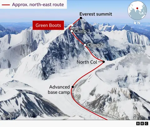A Google Earth map showing Everest's northern side, with the route up the mountain outlined in red and markers showing various camps and the location of Green Boots near the summit