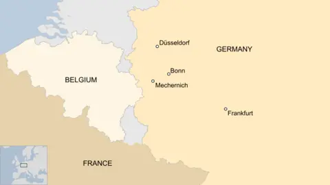 A map showing the locations of Mechernich, Bonn, Dusseldorf and Frankfurt in Germany, as well as neighbouring France and Belgium