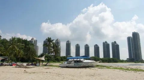 BBC/ Gavin Butler A dilapidated boat with the word 'Forest City' on its side sits on the sand of a beach, next to a pile of random debris and palm trees, with high-rise buildings in the distant background