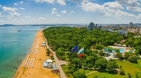 BNT/City of Burgas A wide shot of the beachside city of Burgas, Bulgaria next to the Black Sea
