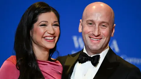 Getty Images Katie Miller and Stephen Miller at the 2026 White House Correspondents' Association Dinner held at the Washington Hilton on April 25, 2026 in Washington, D.C. 

