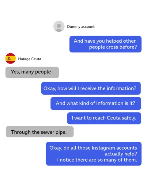 An Instagram message conversation where an account says it has helped "many  people" reach Ceuta from Morocco and says it can be done "through the sewer pipe".