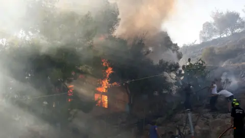 EPA/Shutterstock Flames and smoke billow from a burning house in Peristeria as firefighters and volunteers work to extinguish the blaze on Salamina Island
