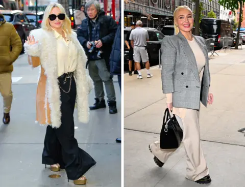 Getty Images A split screen of Hayden Panettiere, on the right in a sheepskin coat with fur lining waving to the cameras in New York in 2023 and on the left in a grey blazer and baggy cream trousers  in New York in 2024s