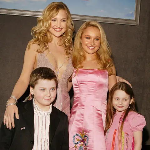 Getty Images Panettiere is seen with curled blonde hair and wearing a pink silk mid-length dress as she smiles on the red carpet next to Kate Hudson in 2004. The pair have their arms around each other.