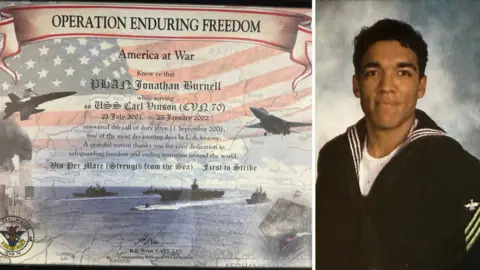 Jonathon Burnell Burnell's certificate from the Navy, next to a photo of him in his sailor's uniform