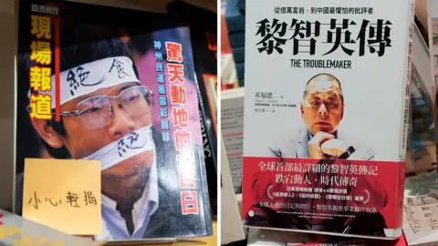 Getty Images Close-up of publication cover showing Chinese man wearing wire-rimmed glases, a headband reading "hunger strike" in Chinese and matching white cloth gag tied across his mouth - the book is a photo chronicle of the Tiananmen Square democracy movement