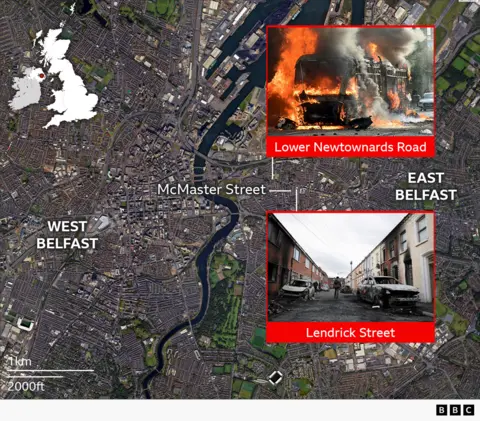 PA Media A map showing the location of violence in East Belfast.