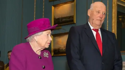 Reuters Britain's Queen Elizabeth and King Harald V of Norway attend the Anglo-Norse Society centenary reception at the Naval and Military Club in central London, Britain November 15, 2018