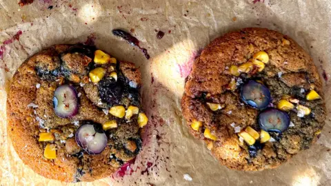 Chloe Hood _lifeandfork_ Two homemade cookies with sweetcorn and blueberries on top