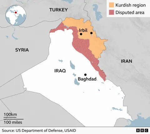 A map showing the Kurdish region of Iraq shaded in yellow, and a disputed area in red and white crosshatch. Iraq is surrounded by Syria to the west, Turkey to the north, and Iran to the east