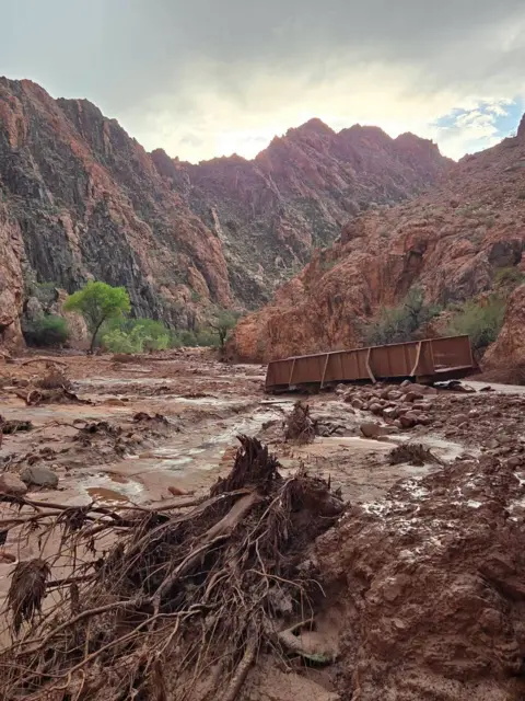 Grand Canyon National Park Upturned vegetation and what appears to be a large metal footbridge in a muddy landscape