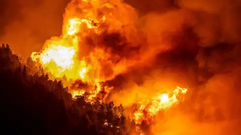 Getty Images A wooden area is enfulfed in flames during a raging wildfire near the town of Omiš