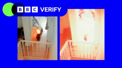BBC A split image imposed over the BBC Verify colours and branding shows an e-scooter on fire in a hallway in a home. Flames are emerging from the rear of the scooter in the first image, before engulfing the entire frame in the second. 