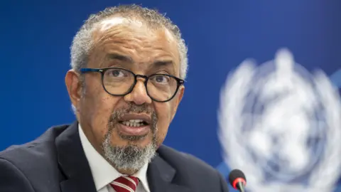EPA A man with grey curly hair, a beard and black glasses speaks into a microphone.