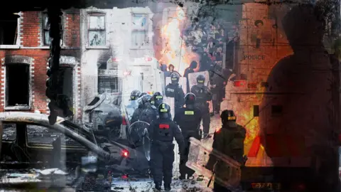 BBC A BBC graphic showing composite images of incidents during the riots. Crowds throw things at police blocking them from a road in the middle of the picture. In the foreground is an armoured police vehicle and a burned out car as well as officers in tactical uniforms. In the distance is a large group of people, mostly dressed in dark colours and a fire is visible. To the left of the picture is a house with red bricks and scorch marks on the front.