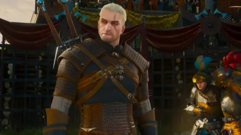 CD Projekt Red/Fool's Theory An in-game screenshot of Witcher 3 showing Geralt with white hair and a red scar across his face, in chainmail
