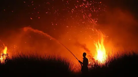 Getty Images The silhouette of a local villager trying to extinguish a wildfire in Palangka Raya, Central Kalimantan
