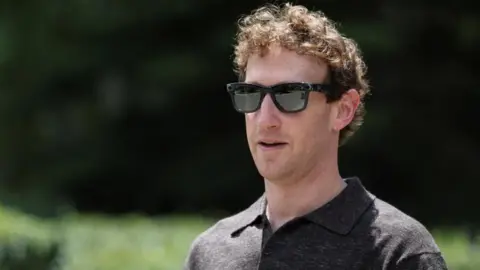 Reuters Zuckerberg, wearing black sunglasses and a dark polo shirt, outisde with a green background 