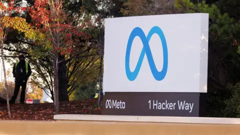 Reuters The blue Meta logo, which looks like an infinity sign, outside Meta's HQ