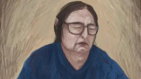 Reuters A courtroom sketch shows Erin Patterson attending proceedings via a video link from the Dame Phyllis Frost Centre, in the Victorian Court of Appeal in Melbourne, Australia, August 19