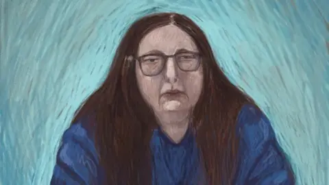 Reuters A courtroom sketch shows Erin Patterson attending proceedings via a video link from the Dame Phyllis Frost Centre, in the Victorian Court of Appeal in Melbourne, Australia, August 19,