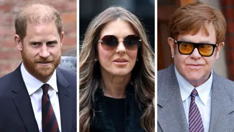 Reuters/Getty Prince Harry, Liz Hurley and Elton John attend court. 