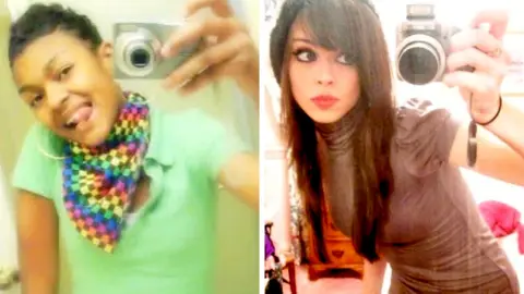 Monticah Hawkins/Melissa Kristin On the left, Monticah wears a lime green shirt and a colored-checkered scarf while taking a mirror selfie with a camera. On the right, Melissa also takes a mirror selfie with a camera, wearing a brown top and a black beret.