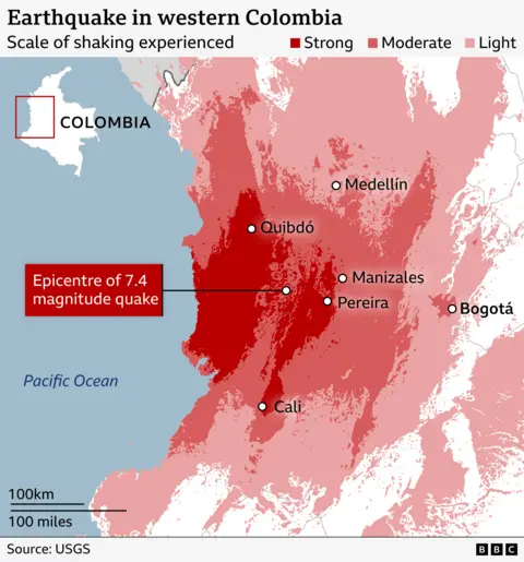 Map showing the intensity of shaking from a magnitude 7.4 earthquake in western Colombia. Areas closest to the epicentre, near the Pacific coast between Quibdó and Cali, are shaded dark red to indicate strong shaking. Surrounding regions, including MedellÃn, Manizales and Pereira, are shown in red for moderate shaking, while Bogotá lies in a lighter-shaded area indicating weaker shaking. The epicentre is marked west of Pereira. Source: USGS