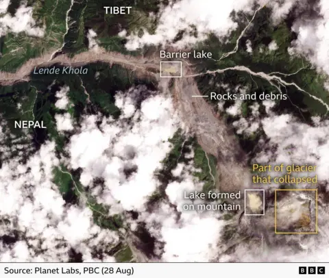 A satellite image showing the part of the glacier that collapsed, a lake that formed on the mountain, a trail of rocks and debris and a barrier lake