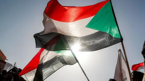 AFP via Getty Images A Sudanese flag flutters in the wind against a backdrop of a bright blue sky - other Sudanese flags are in the background. The sun can be seen shining through the bottom of the flag.